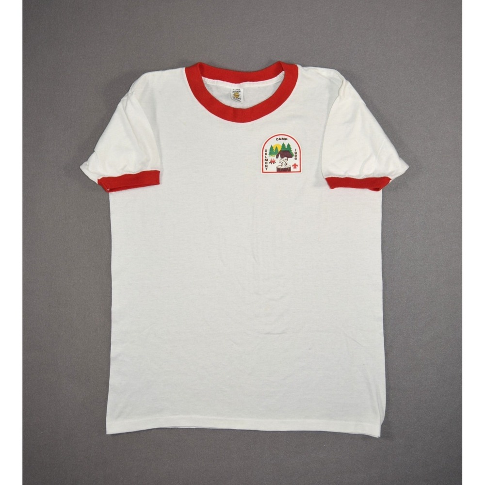 Vintage Medallion Ringer T Shirt Mens Medium White Boy Scout Camp Delmont 1986